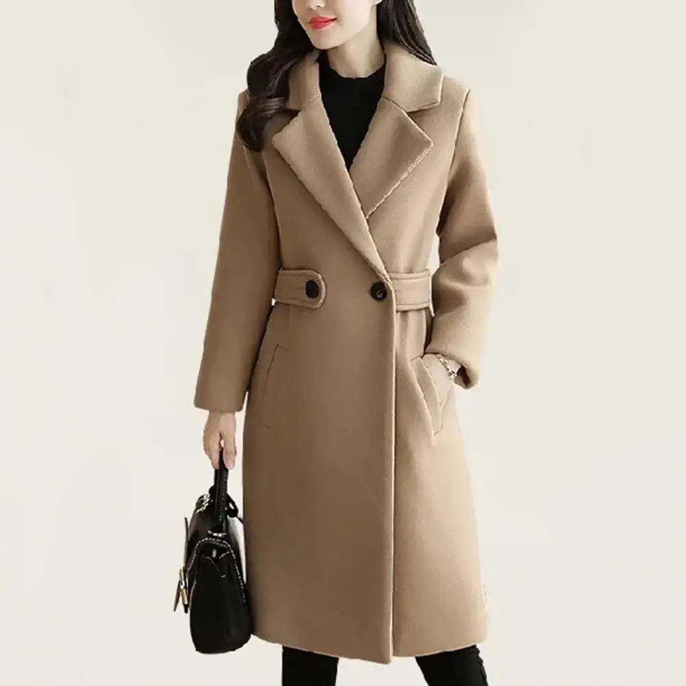 

Polyester Women Jacket Women Overcoat Stylish Mid-length Women's Overcoat with Belted Button Closure Turn-down Collar for Fall