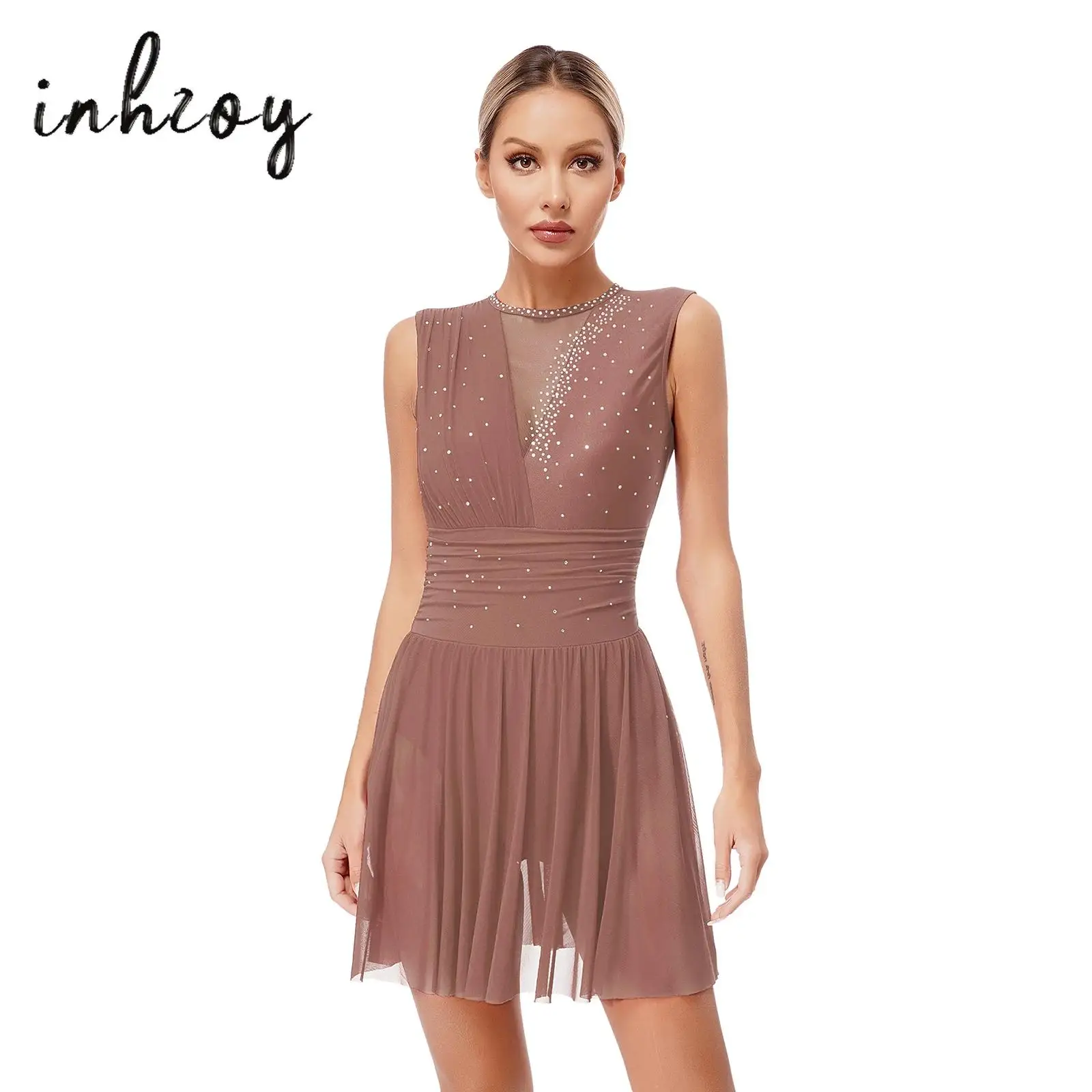 

Womens Sleeveless Figure Ice Skating Dress Lyrical Dance Ballet Gymnastics Leotard Tutu Rhinestone Stage Performance Dancewear