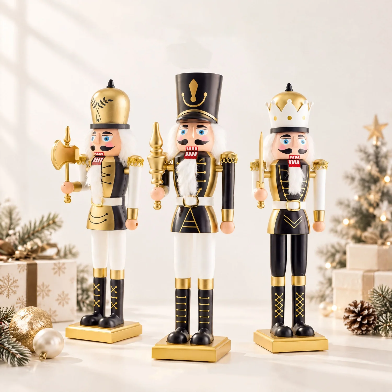 52cm Large Christmas Nutcracker Puppet Soldier with Music and Interactive Movable Structure Elegant Gold and Black Color Statues