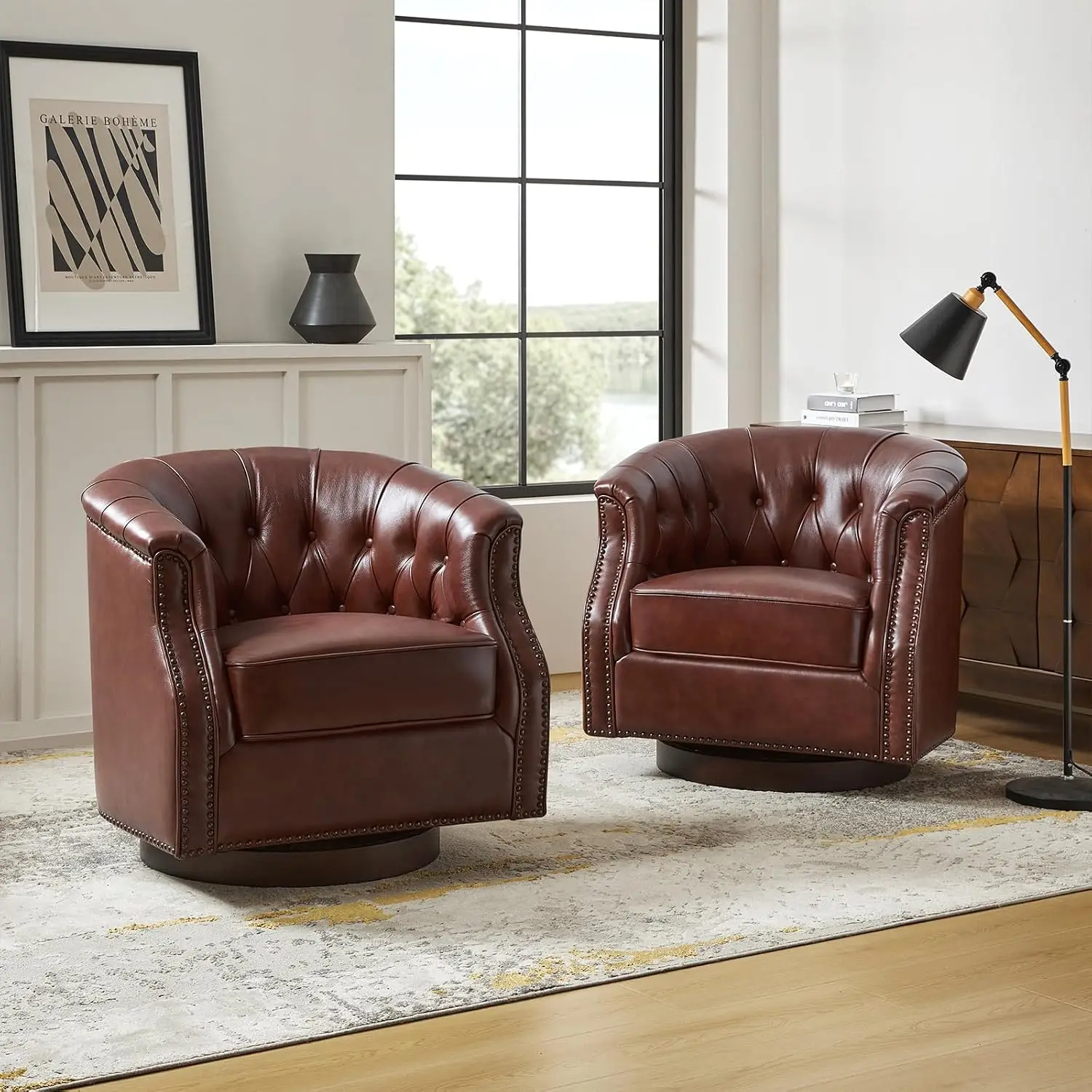 Genuine Leather Swivel Rocker Chairs, Fully Assembled, Brown