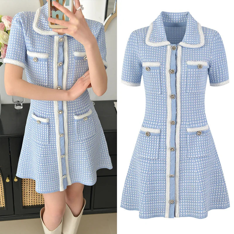 

Blue Knitted Skirt Dress Shirt Skirt Women Gentle Socialite 2025 Spring and Summer Clothing New Style Glitter Dress Women