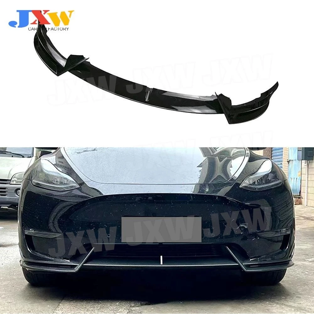 

3Pcs/Set ABS Carbon Look Car Front Bumper Lip Spoiler for Tesla Model Y 2018 + Gloss Black Head Bumper Chin Spoiler Accessories
