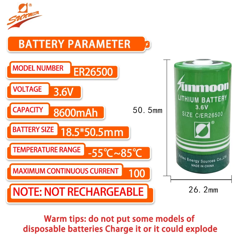 Sunmoon ER26500 Lithium Battery instrument, Intelligent Water Meter Pressure Gauge Gas Meter Flow Meter IoT 2 C-type Batter