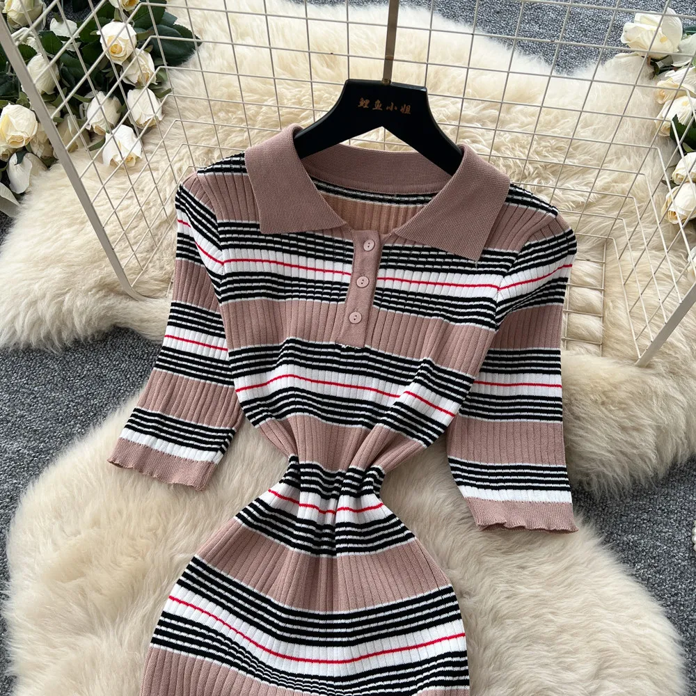 Mid Length Dress Women Dresses Striped Vestidos Y2k Streetwear Polo Neck Short Sleeve Hip Wrap Elegant Knit Party Work 2026