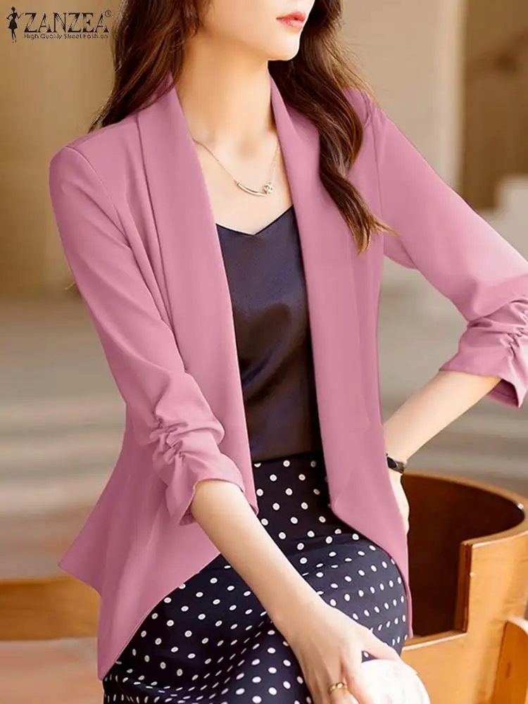 ZANZEA-Blazer Élégant à Manches 3/4 pour Femme, Combinaison Fine, Mode Coréenne, Col à Revers, Tenue de Travail Décontractée, Couleur Unie, Automne 2024