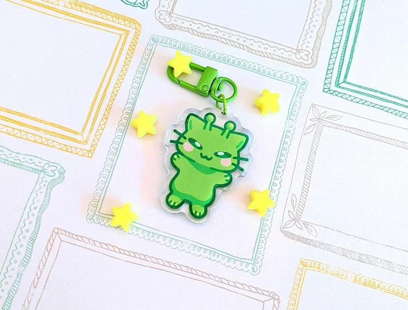 ALIEN CAT Gleep Glorp Green Alien Cat Acrylic Keychains | Cute Acrylic Charms | Clear Acrylic Accessories | Meme Cat Keychain