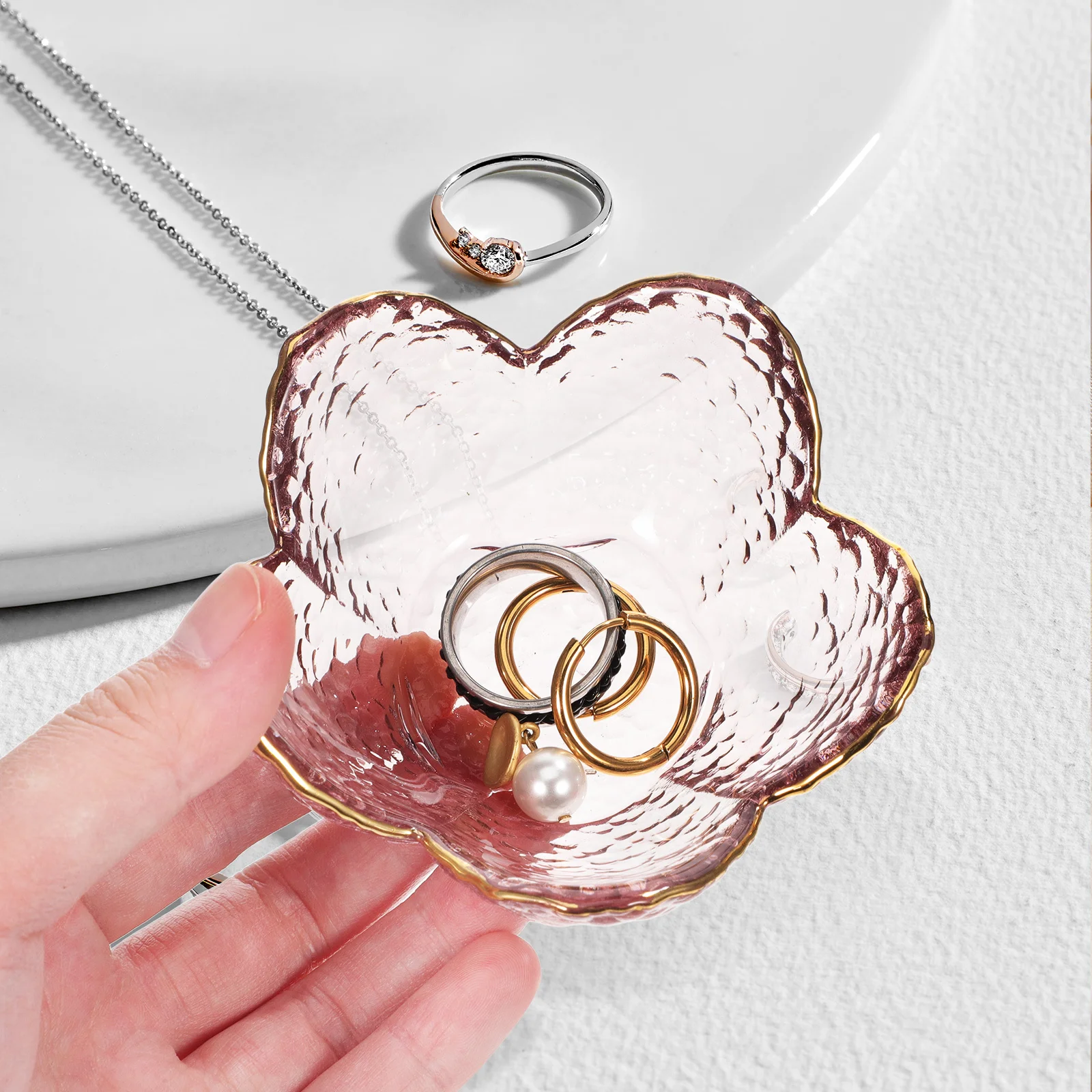 

Pink Gold Cherry Blossom Plate Glass Ring Holder Jewelry Dish Small Decorative Candy Bowl Tray for Office Desk