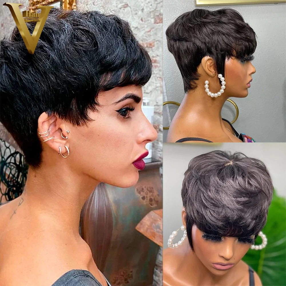 

Short Straight Full Machine Made Wigs Brazilian Virgin Remy Human Hair Wigs For Black Women Pre Plucked Pixie Cut Wig With Bangs