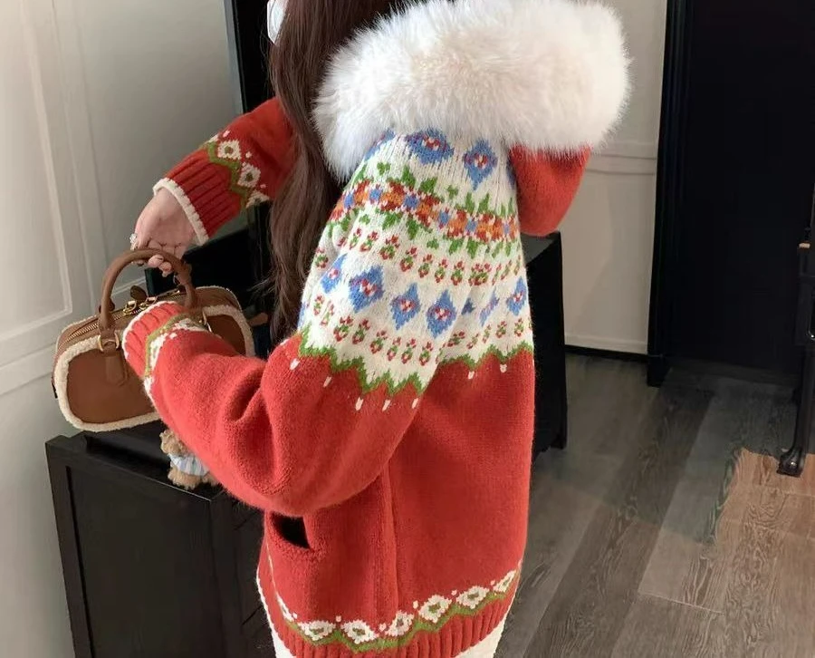 

Red Sweater Jacket 2026 New Autumn and Winter Jacquard Lazy Hooded Loose Knitted Cardigan