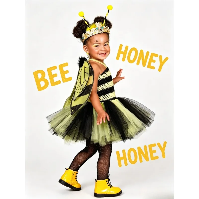 

Bumble Bee Floral Mesh Puffy Dress with Wing Hair Hoop Magic Wand, Costume for Holiday Birthday Carnival Party Stage Celebration