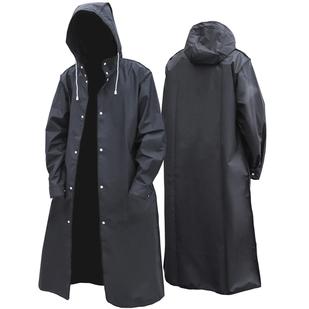 Black Adult Long Waterproof Raincoat Women Men Impermeable Rain Coat Hooded For Outdoor Hiking Travel Fishing Thickened Poncho