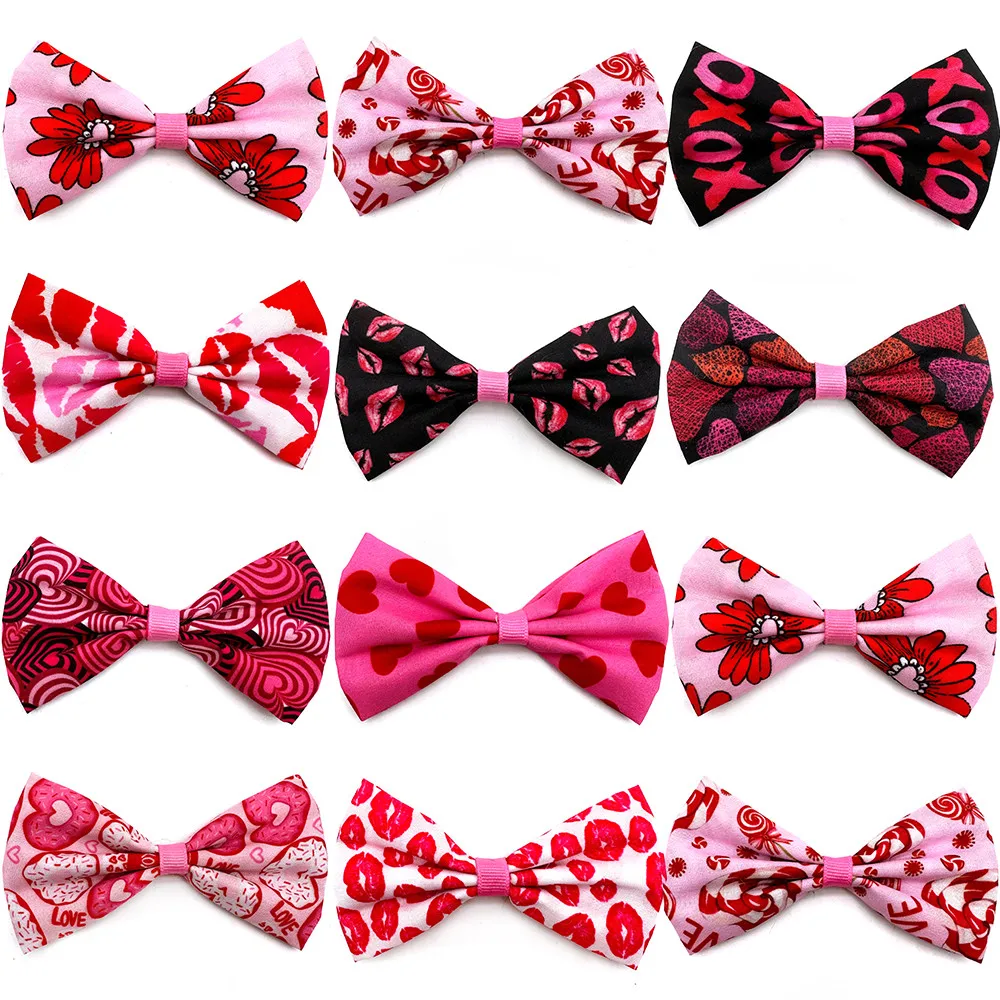 30/50pcs Valentine's Day Dog Bow Ties Charms Puppy Accessories Slidable Dog Collar Pink Bows Pet Supplies Small Dog Bows