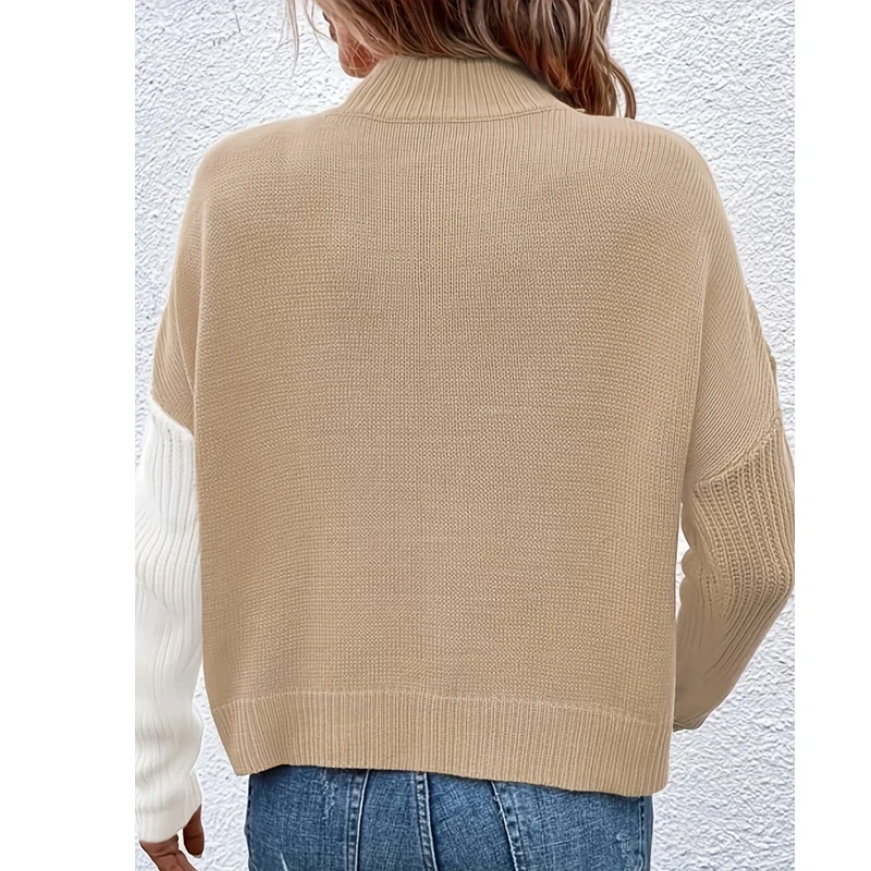 Casual Knitted Pullover Fashion Khaki White Patchwork Long Sleeve Sweater Autumn/Winter O-neck Office Sweater Pull Femme 28223