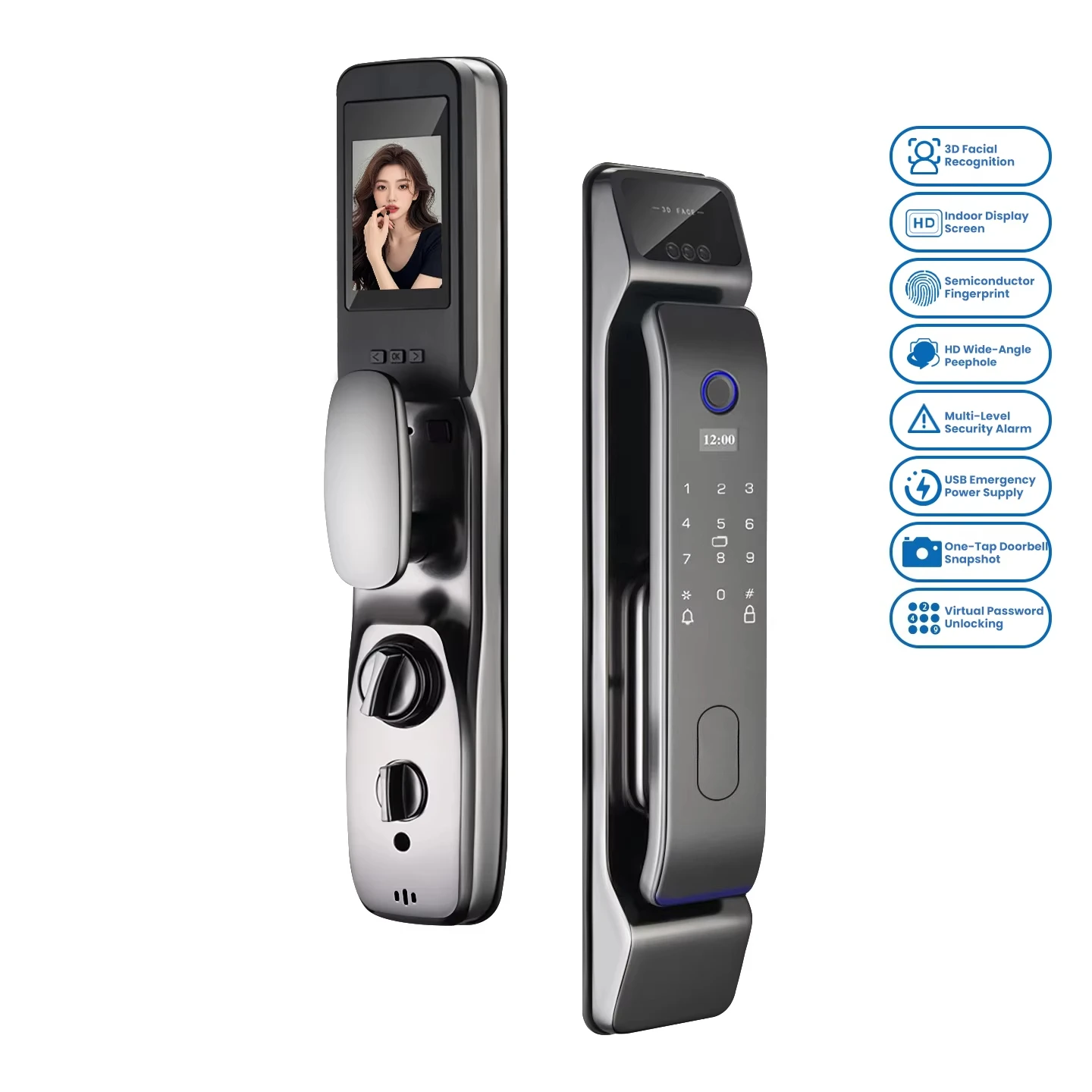 

For Smart Face Recognition Door with Wi-Fi APP Remote Unlock Built-in Camera & Cloud Storage for Wood/Steel Doors