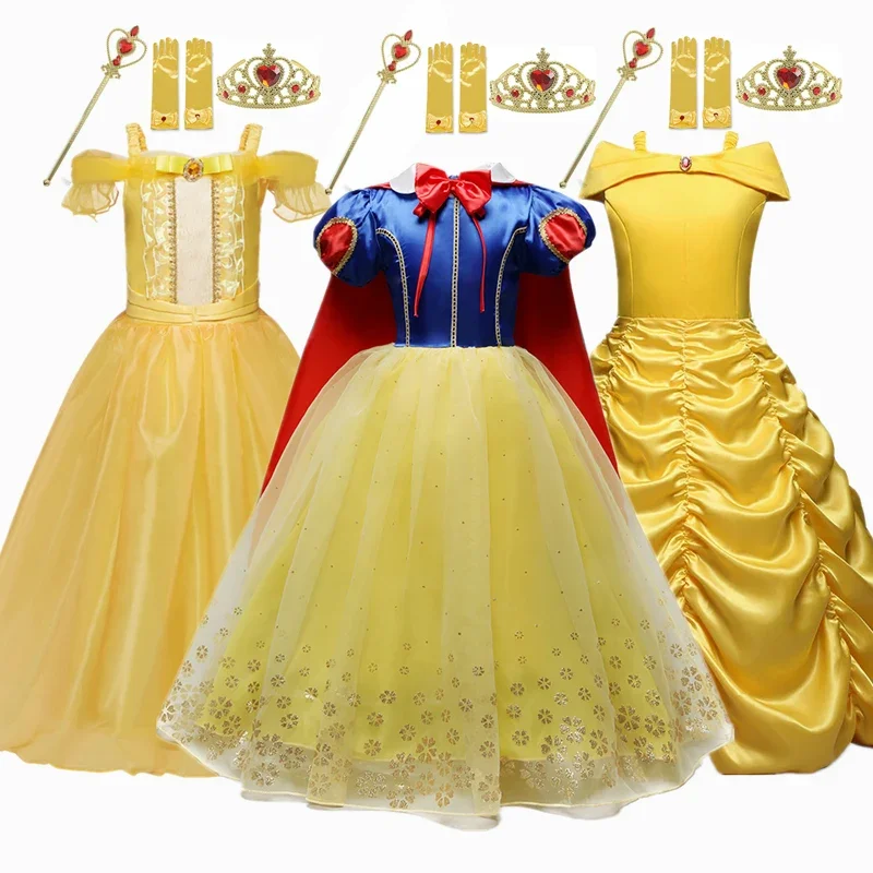 Ragazze principessa biancaneve vestire per bambini costumi con maniche a sbuffo con mantello lungo festa per bambini compleanno abito fantasia 3-10 anni