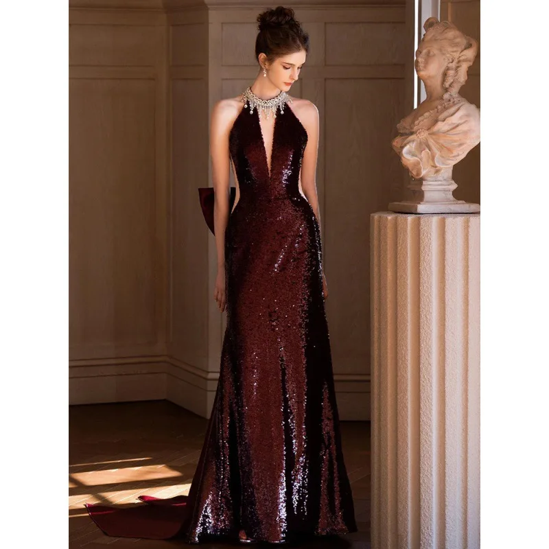 Sequined Toast Bride Wine Red Engagement Banquet Temperament Long Halter-Style Heavy Work Fishtail Evening Dress for W