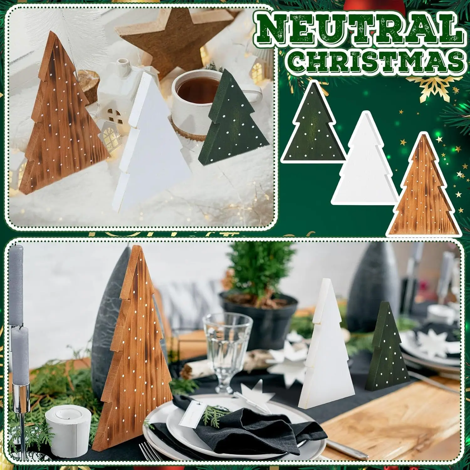 3 Pcs Rustic Farmhouse Wood Christmas Tree Decor – Neutral Tabletop Signs with Dot Patterns, Freestanding Wooden Xmas Decorations for Fireplace Mantle Shelf Home Office, Green White Brown