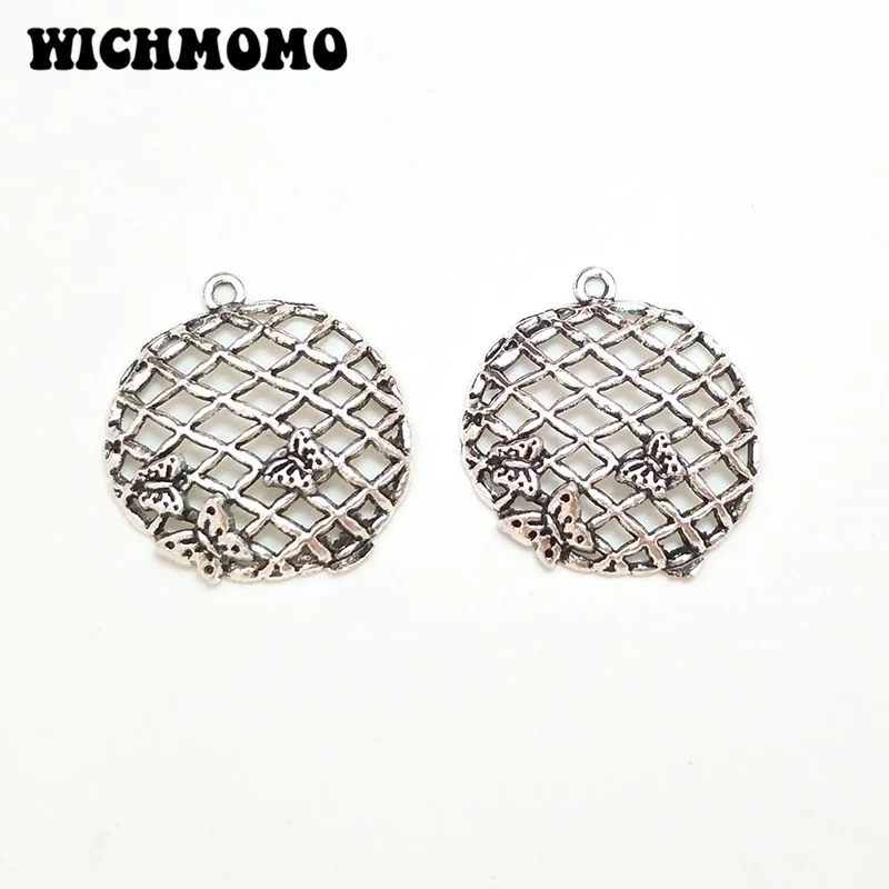 New 10pieces 26mm Retro Zinc Alloy  Round Hollow Out Cobweb Butterfly Charm Pendants for DIY Earrings Jewelry Accessories