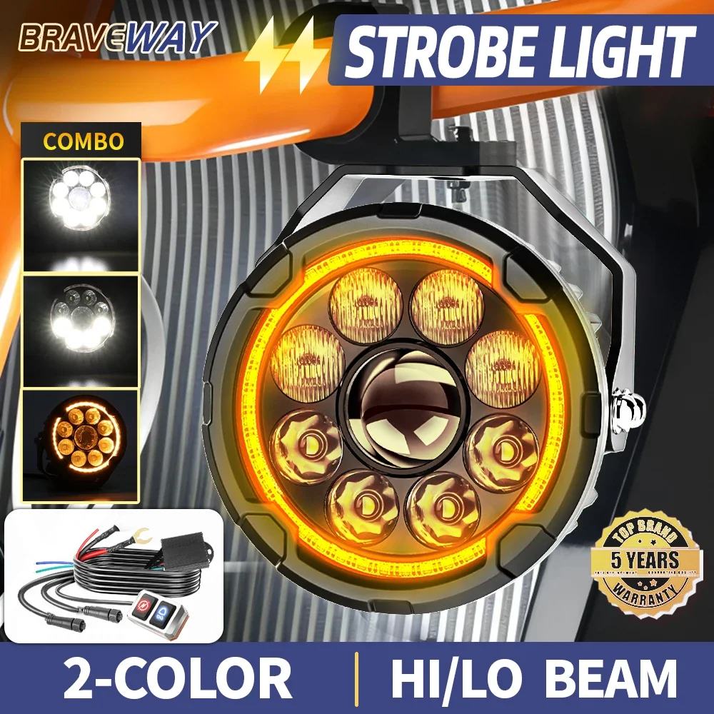 Braveway Motorrad LED-Zusatzleuchten - 29000LM Ultrahelle Nebelscheinwerfer Hi/Low Amber White Beam, Stroboskop-Modi, IP68 für Motorräder