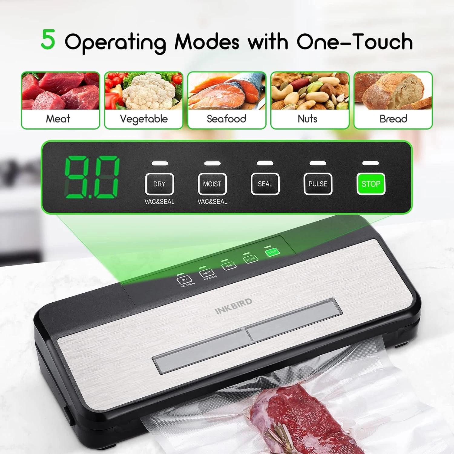 INKBIRD INK-VS03 Food Vacuum Sealer 80KPA Strong Suction Vacuum Sealer with Starter Kit for Food Storage and Sous Vide