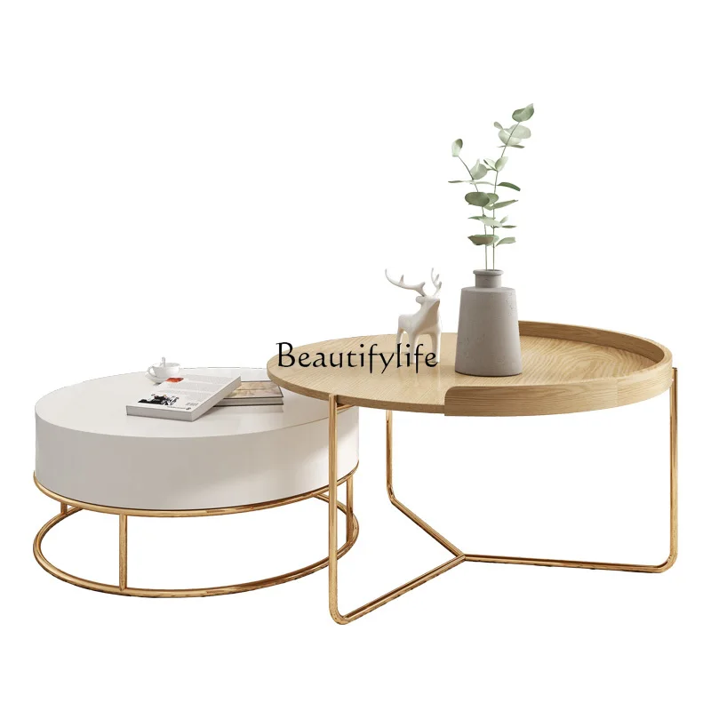 Nordic Simple Storage Ideas Coffee Table Combination Modern Light Luxury round Tea Table with Drawer