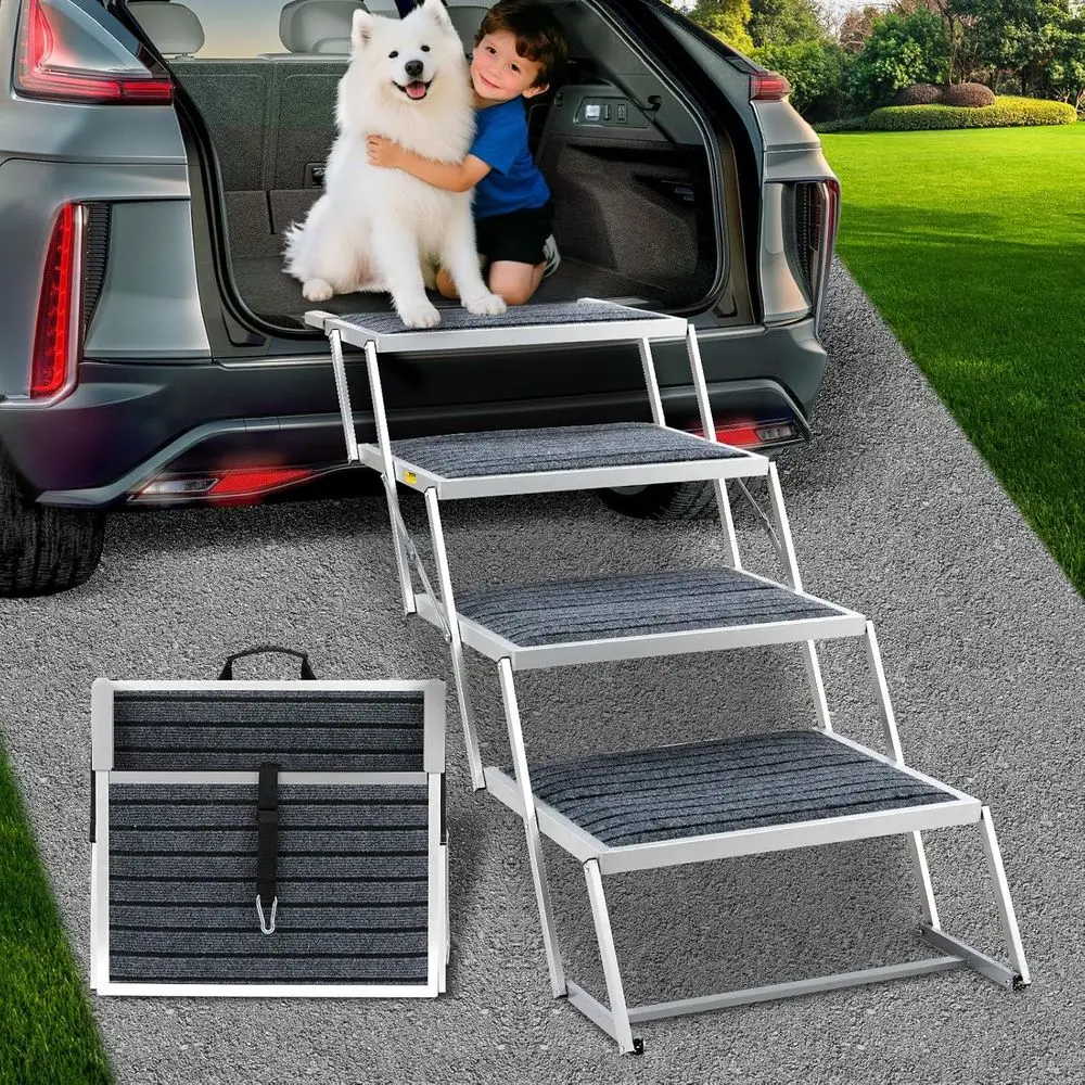 Extra-Wide 4-Step Pet Stairs for Large Dogs with Non-Slip Rug and Support Bars