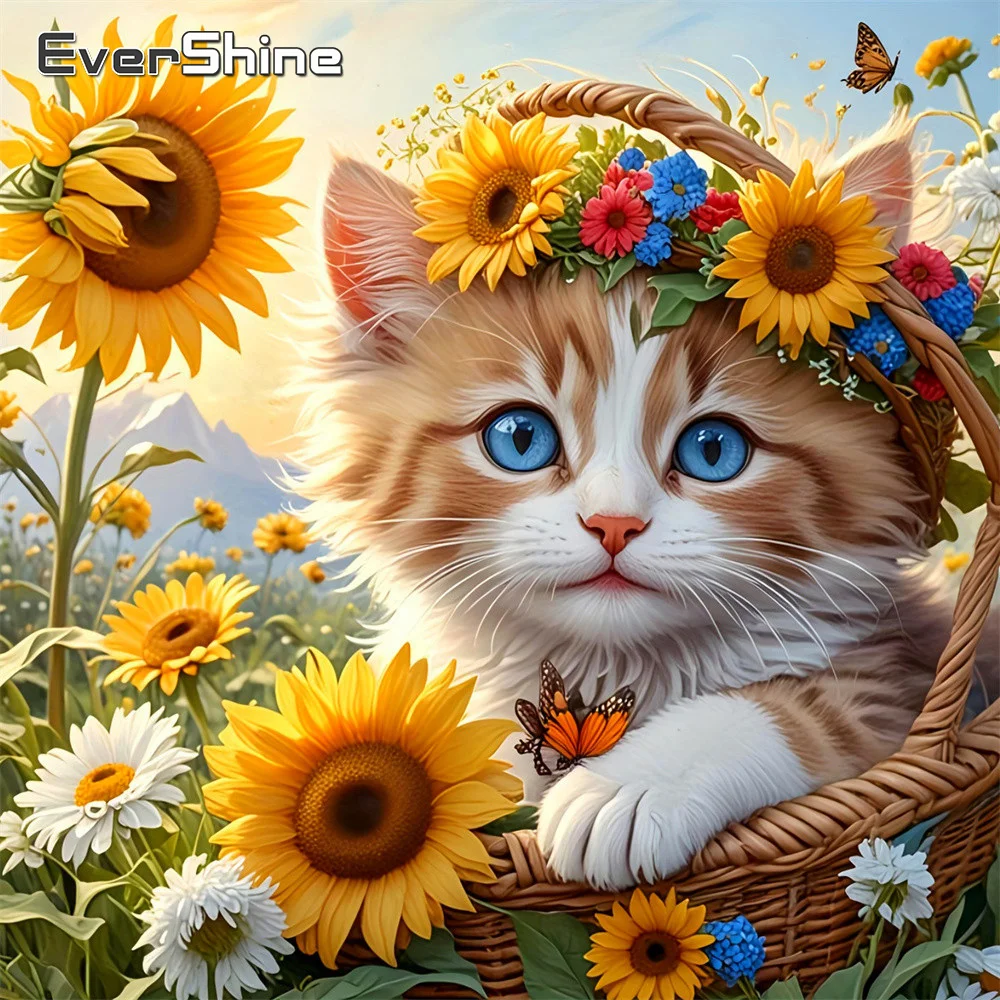 Evershine Diamant-Mosaik Katze Vollquadrat-Bohrer Malerei Sonnenblume Strass-Bild Stickerei Tier 5D DIY-Set Wanddekoration