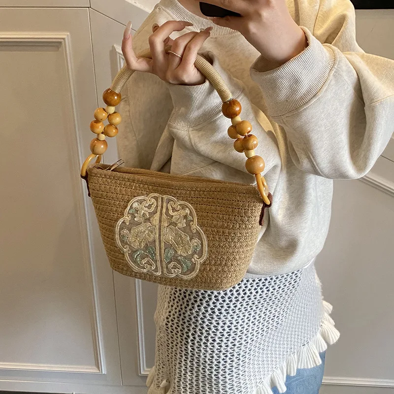 

Khaki Beige Straw Weave Small Handbags For Women Retro Fashion Chinese Style Print Clutch Summer Beach Ladies Tote Handbag Bags
