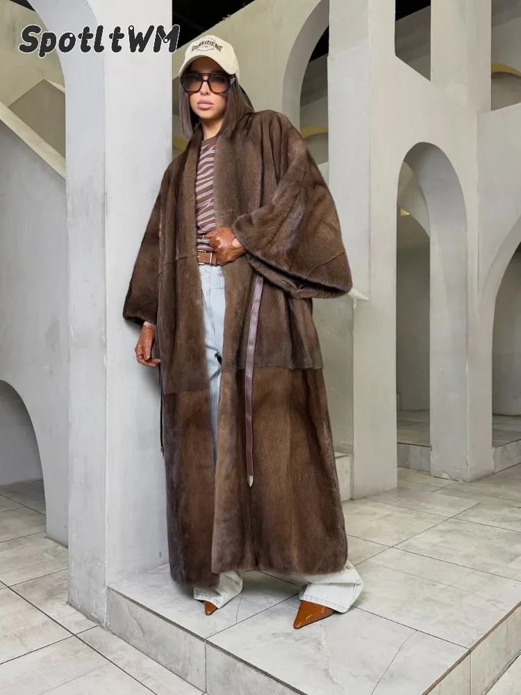 Women Brown Faux Fur Long Coat Belted Open Front Fluffy Warm Plus Size Cardigan 2026 Fall Winter Casual Retro Chic Lady Overcoat - view 4