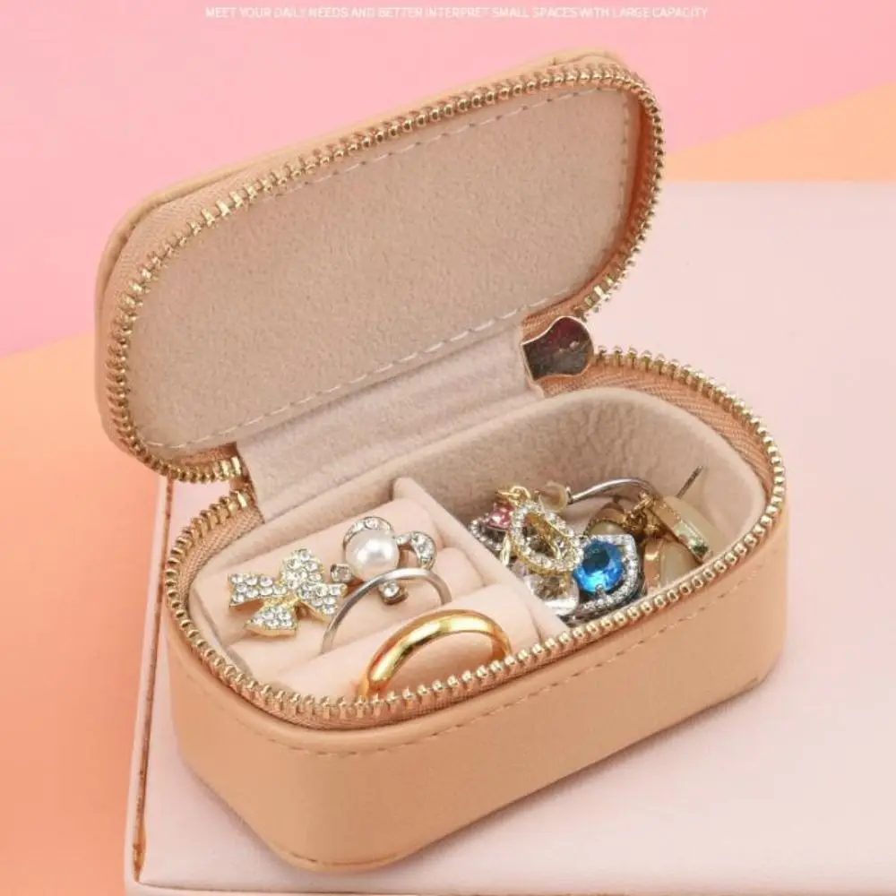 

Vintage Mini Portable Jewelry Box Square PU Leather Necklace Ring Case Jewelry Display Case Zipper Earring Organizer Women