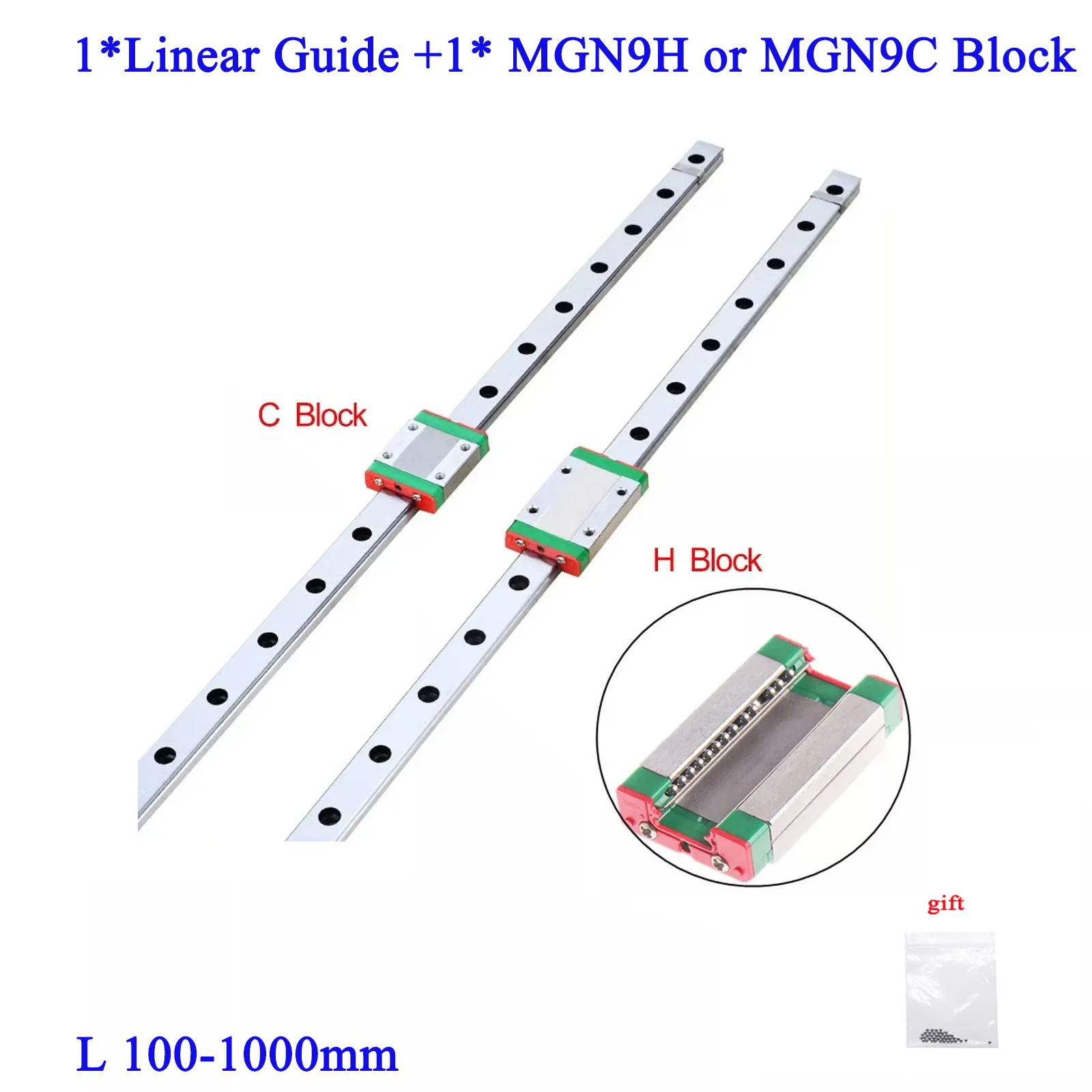 

1pc 9mm Linear Guide MGN9 MGN9H MGN9C 100 150 200 250 300 350 400 450 500 550mm linear Rail+ MGN9H or MGN9C Block 3D Printer CNC