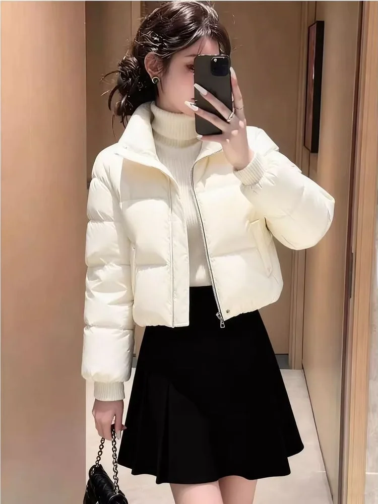 

2026 New Women's Short White Cotton Jacket Zipper Slimming Warm Outerwear Compact Cotton Clothes Lightweight Stand Collar