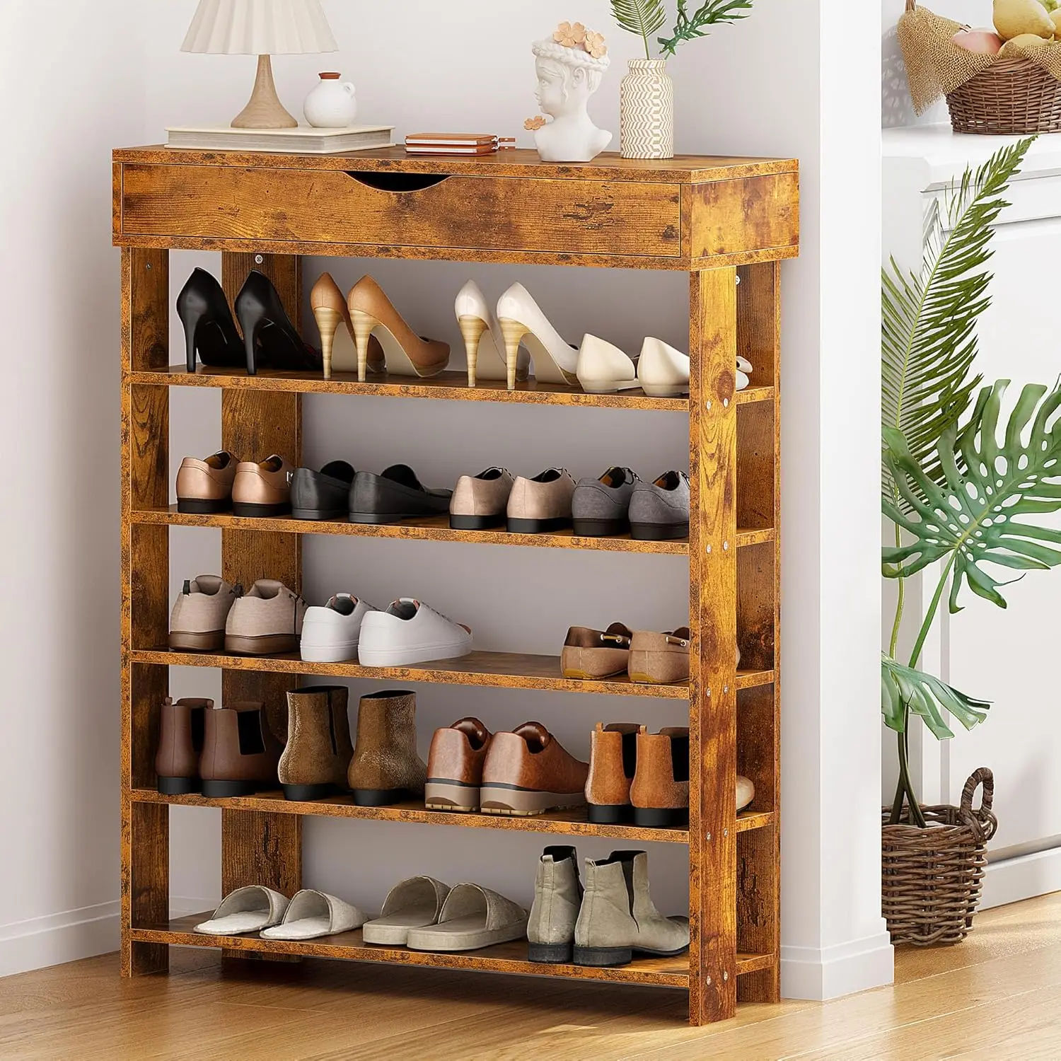 

5-Tier Shoe Ra For Entryway, 29.5 Hes Shoes Storage Organizer With Storage Compartment, Wooden Shoe Storage Cabinet Shoe Stand