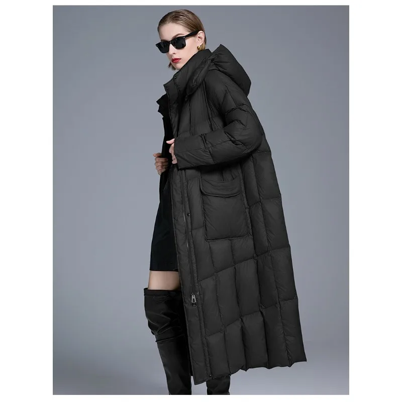 Luxo de alta qualidade 90% pato branco para baixo inverno para mulheres solto quente engrossar resistente ao frio casacos longos com capuz