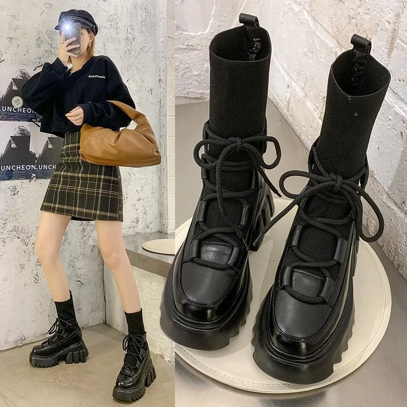 

Comemore Casual Gladiator Sock Boot England Style Women Knitted Platform Ankle Boots Botas 2024 Autumn Thick Heels Ladies Shoes