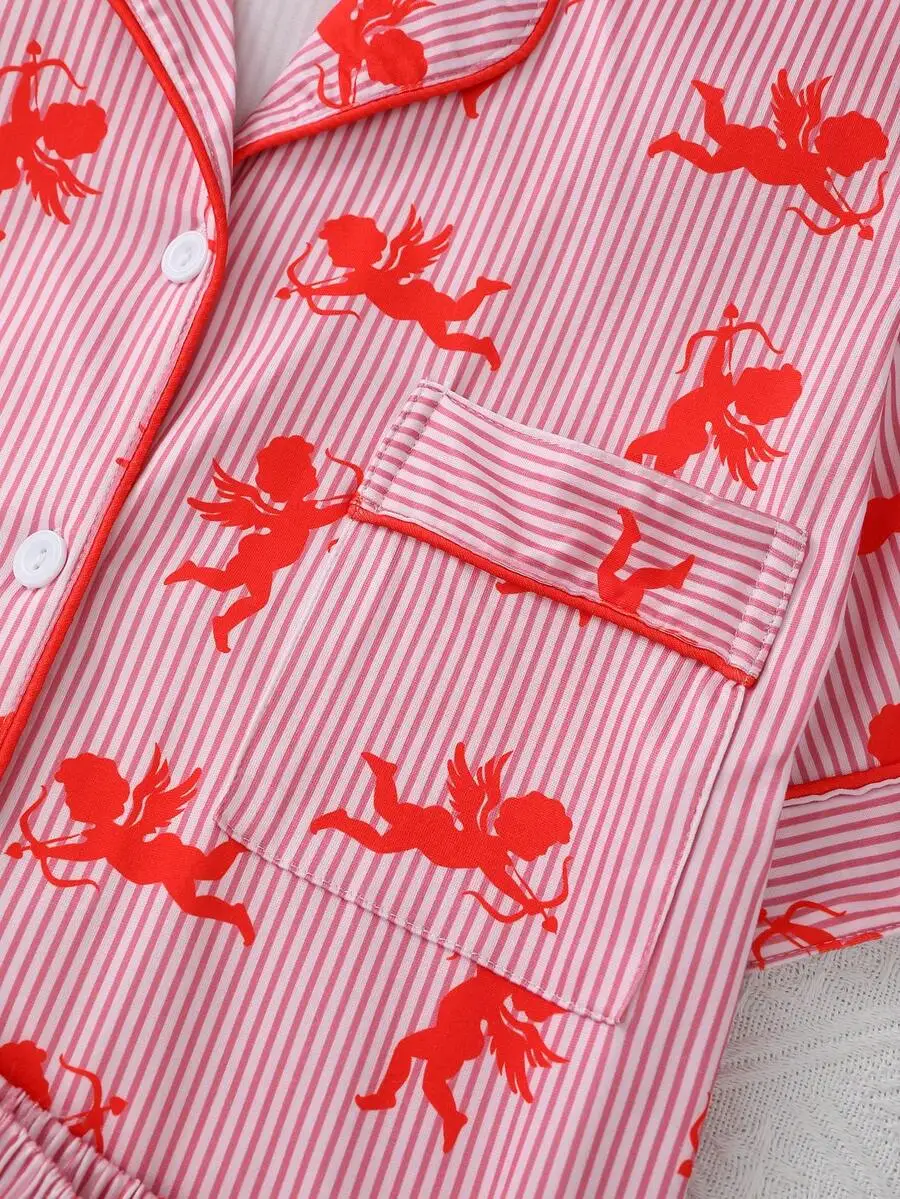 

Womens Lightweight Short Sleeve Pajama Set With Collar, Striped Cupid Print Comfortable Loungewear For Summer