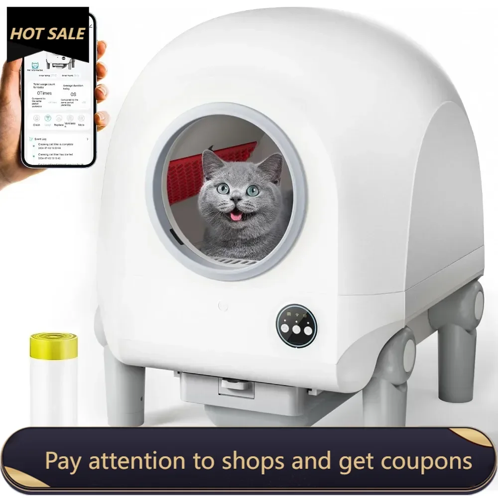 Self Cleaning Cat Litter Box, 68L/9L Large, Smart App Control No Scooping,Automatic Cat Litter Box Includes Garbage Bag (White)