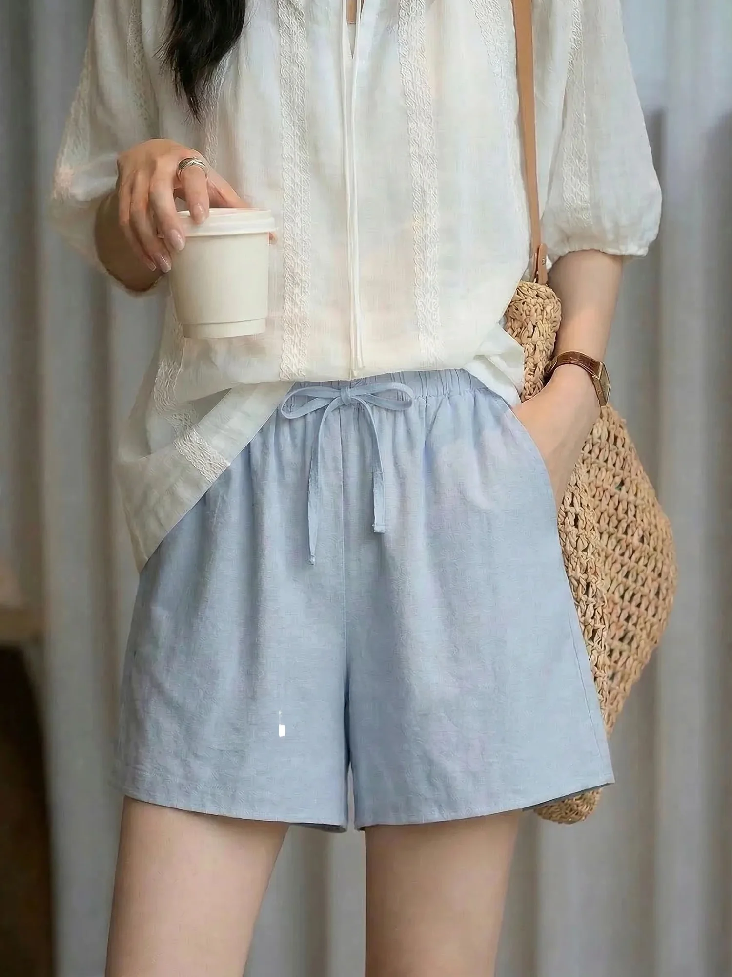 

Chivirin Loose Cotton Shorts Women's Comfortable Breathable Elastic Waist Bowknot Simple Style Summer Casual Pants