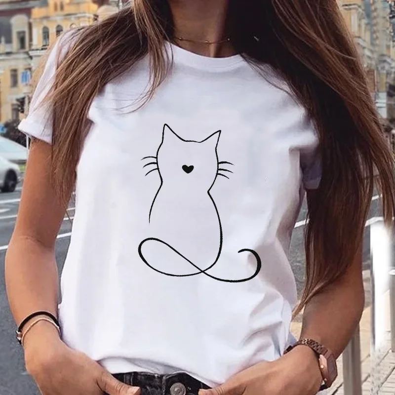 Fashion Women's Cute Cat Animal Print T-shirt Crew-neck Women's T-shirt Tops  Women Clothing Graphic T Shirts Harajuku Aesthetic