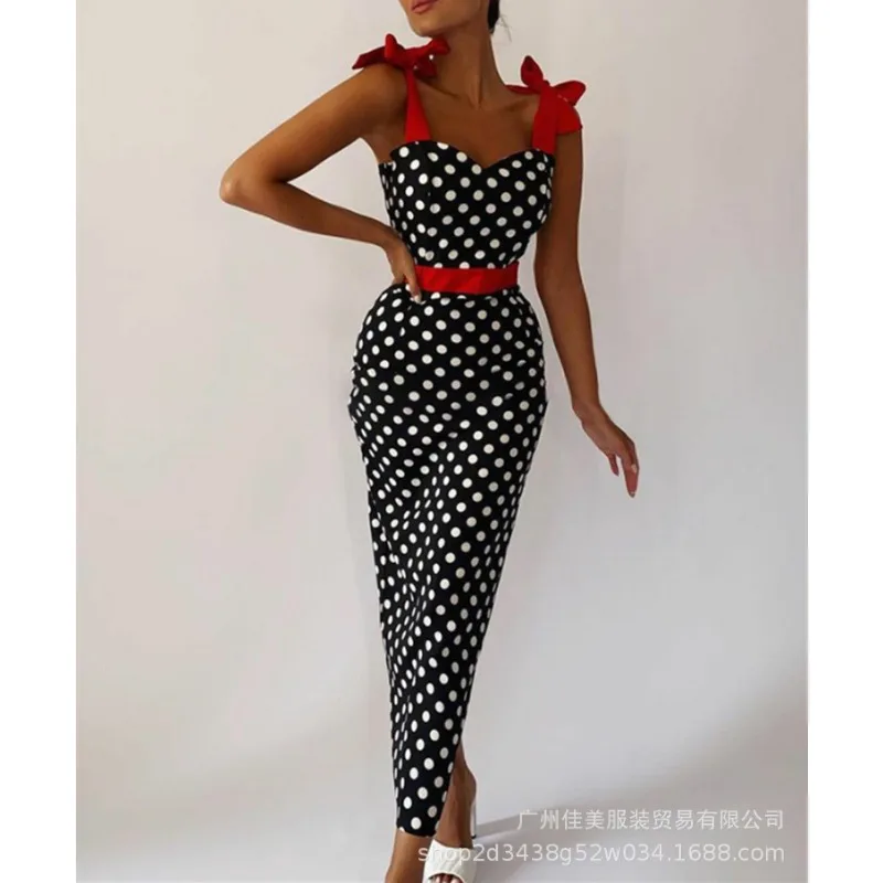 منقطة كاميس فستان مثير غمد التباين الصيف غمد فستان عرق المرأة خارج الكتف المجهزة الخصر المرقعة فستان