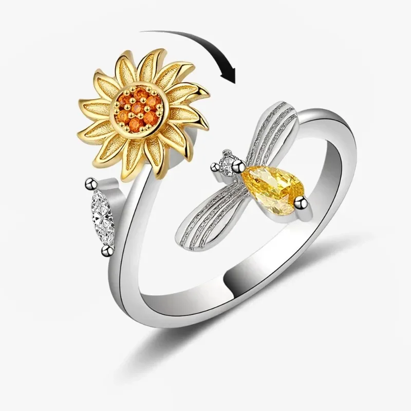 2024 New Explosive Fashion Light Luxury Sun Flower Rotating Ring with Bee Everything Popular Anti-pressure Open Ring