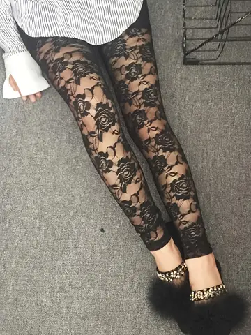 하이 웨이스트 통기성 로즈 레이스 메쉬 레깅스 패셔너블한 편안함을 위한 슬림한 실루엣 다용도 캐주얼웨어