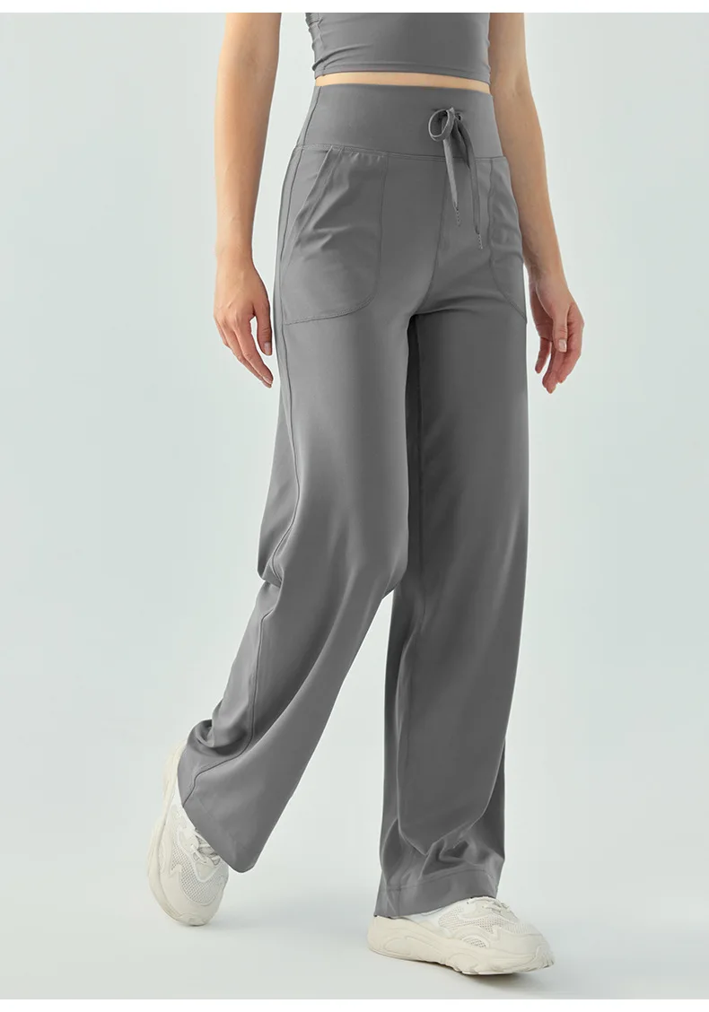 High Waist Women Drawstring Pure Color Long Loose Pocket Pants Breathable Comfortable Fitness Outdoor Sports Running Yoga Pants