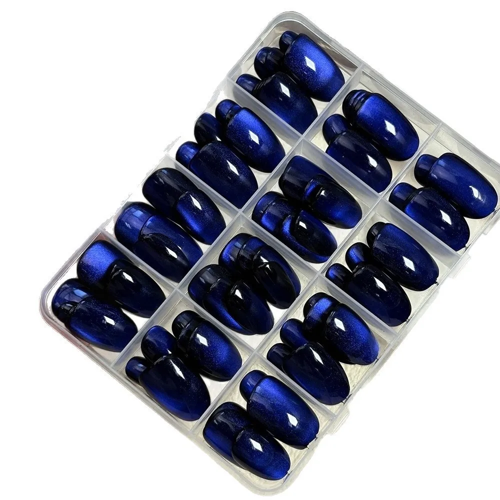 

144Pcs Fashion Glossy Dark Blue Cat Eye False Nails Oval Removable Fake Nails Short Medium Full Cover False Nails Women