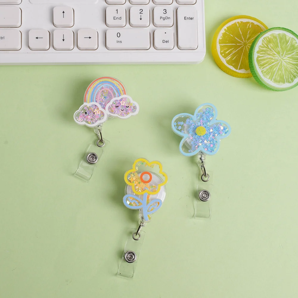 Cute Id Holder Unique Transparent Badge Holder Cartoon Badge Holder Quicksand Card Clip Lanyard For Staff Students Decoration