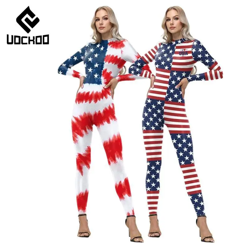 Independence Day Costume US Flag Print Jumpsuit Adult Red Blue Bodysuit Star Graphic Outfit Holiday Cosplay Zentai Suit Clothes