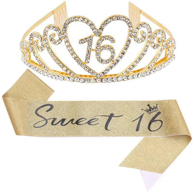 Sweet 16 Birthday Crown Sash Kit Gold 18 21 30 40 50 60 70th Fabulous Love Glitter Sashes Crystal Tiara Birthday Party DIY Decor