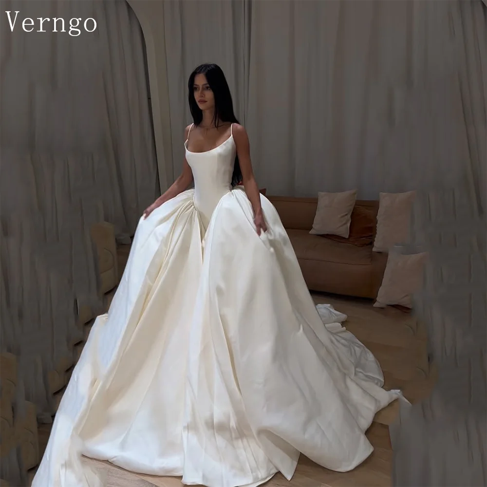 

Verngo lvory Satin Classy Wedding Dress Spaghetti Straps Court Bridal Gown Church Sweap Train Bride Dresses 2026 Customized