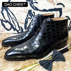 LUXURY MEN'S BOOTS BLACK CROCODILE PRINT ANKLE BOOTS LACE UP MEN DRESS SHOE OFFICE WEDDING GENUINE LEATHER BOOTS FOR MEN