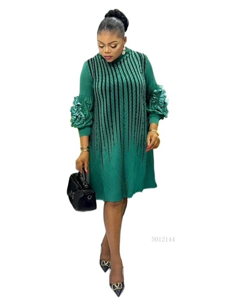 Robe plissée grande taille pour femmes, vêtement brillant à la main, fleur perlée, tempérament de mode, élégant, bal africain, grand vêtement extensible, nouvelle collection 2026
